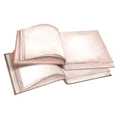 Opened antique library books. Watercolor illustrations of books. Isolated white background