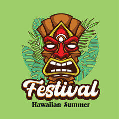 Vector Illustration of Tiki Mask with Tropical Leaves