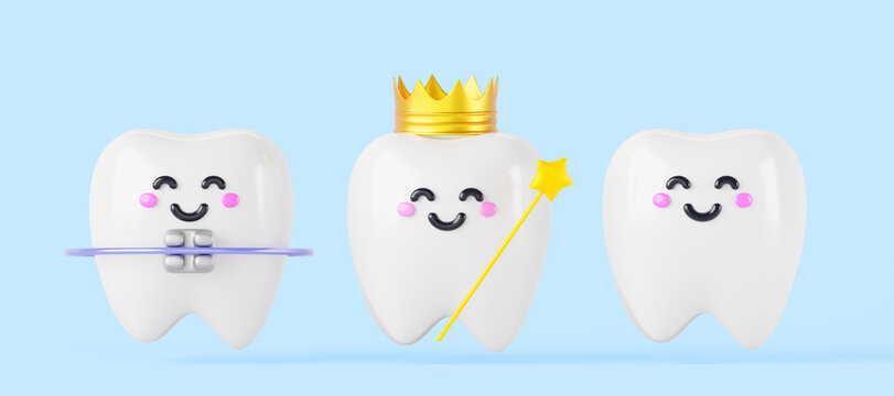 Dental braces, tooth fairy and teeth cartoon kawaii characters 3d render icon set. Cute baby tooth with orthodontic brackets, in golden crown and magic wand with star and smiling face. 3D illustration