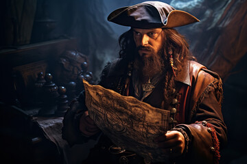 A pirate holding a weathered map scrutinizes the landscape, searching for clues to buried treasure...