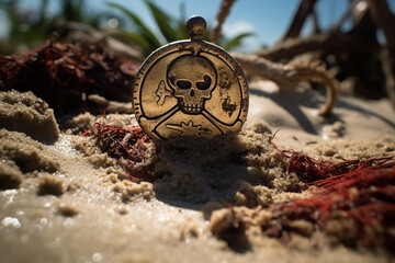 A sun-soaked island with an X mark in the sand indicates the secret location of a buried pirate...