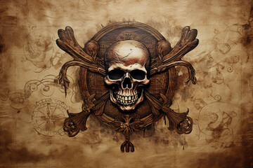 A detailed illustration of a pirate skull and crossbones set against an aged parchment background serves as a grim warning