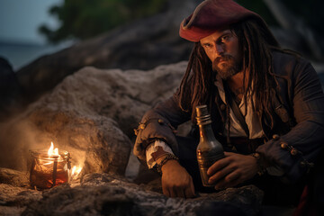 A pirate sits by a campfire on a deserted island, sipping rum from a bottle, contemplating his next adventure