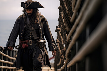A fearful pirate walks the plank under duress, extending over tumultuous ocean waters while his...