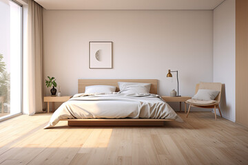 Fototapeta na wymiar Minimalist Bedroom with Scandinavian Aesthetics - Clean and Simple Room Decor