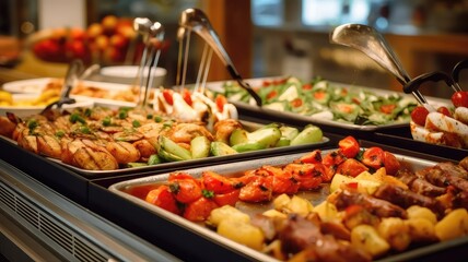 Obraz premium Indoor Restaurant Catering Buffet with Colorful Meats, Fruits, and Vegetables