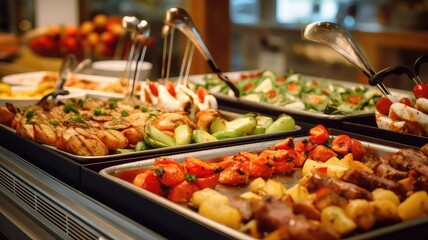 Indoor Restaurant Catering Buffet with Colorful Meats, Fruits, and Vegetables