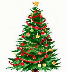 Christmas tree, white background, watercolor, new year, gifts, garland