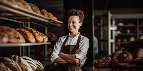 bread bakery store female woman baker shop owner smiling concept of food industry occupation job as baker catering service - obrazy, fototapety, plakaty