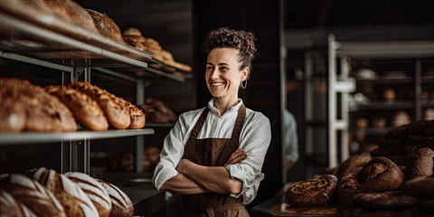 Abwaschbare Fototapete Bäckerei bread bakery store female woman baker shop owner smiling concept of food industry occupation job as baker catering service