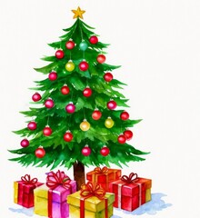 Obraz na płótnie Canvas Christmas tree, white background, watercolor, new year, gifts, garland