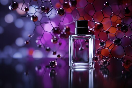 Perfume pheromones on colorful molecules background. Molecular perfumes increase irresistibility. Pheromone colognes are scented or unscented sprays containing natural or synthetic pheromones.