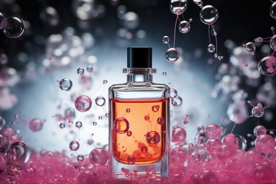 Perfume pheromones on colorful molecules background. Molecular perfumes increase irresistibility. Pheromone colognes are scented or unscented sprays containing natural or synthetic pheromones.