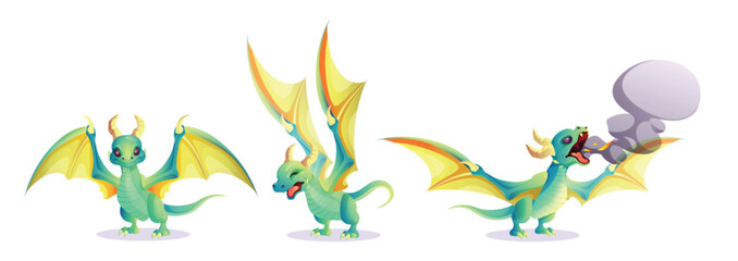 Obraz premium Fantasy dragon for game design. Cute cartoon fairy green reptile animal breathes fire and smoke. Vector illustration set of mythical magic creature with wings, horns and tail in various poses.