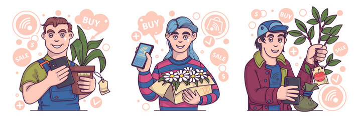 Smiling man in uniform holding plant, buying products online. Young lady holding box with flowers. Male bout apple tree via smartphone. Flat vector illustration in cartoon style