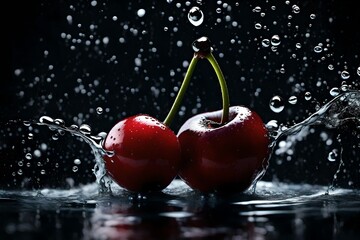 cherry splashing in the water, cherry under water, Background is black, minimalism, texture, digital HD background