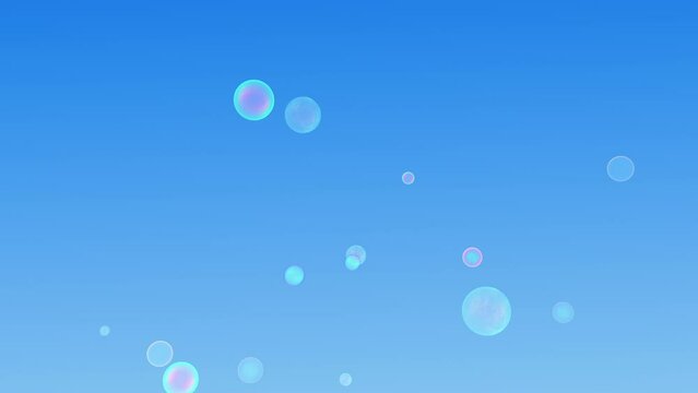 3D render of animation of flying soap bubbles on blue sky background