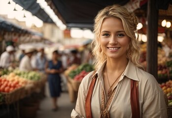 Bussines blonde women selling traditional market smiling wearing seller outfit with traditional market in the Background