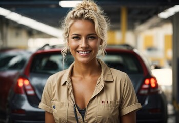 Bussines blonde women car washer smiling wearing washer outfit with car washed in the Background, crossed hand confident - obrazy, fototapety, plakaty