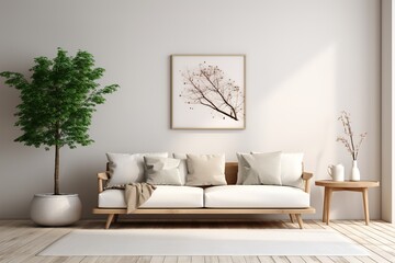 Modern beautiful interior with a white wall, carpet and a stylish sofa. Light Scandinavian design