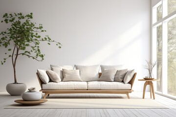 Modern beautiful interior with a white wall, carpet and a stylish sofa. Light Scandinavian design