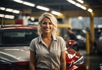 Obraz na płótnie Canvas Bussines blonde women car washer smiling wearing washer outfit with car washed in the Background, crossed hand confident