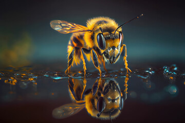 Bee drinking water, macro shot - obrazy, fototapety, plakaty