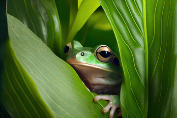Curious red-eyed tree frog peeking through the green leaves