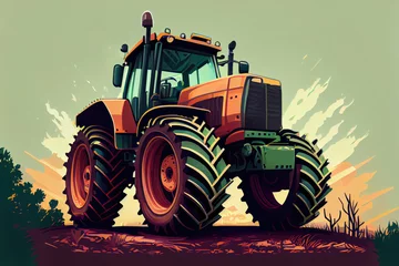 Zelfklevend Fotobehang Farm landscape wiht a tractor, agricultural concept, flat illustration style © DNY3D