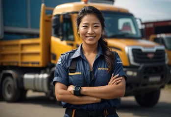 Fototapete Bussines asian women truck driver smiling wearing truck diver outfit with truck parked in the Background, crossed hand confident © PeopleWorker