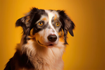 Australian sheperd dog portrait, yellow background