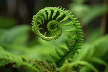 Schilderijen op glas fern leaf unfurling its green fronds in a spiral shape © GenieStock