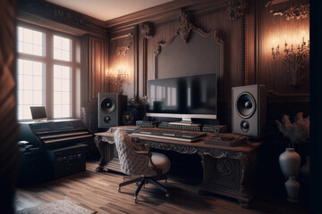 Home music studio with wooden desk and monitor speakers midi keyboards and interfaces created with tools