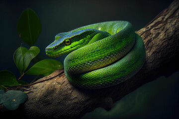 Green snake sitting on a tree branch