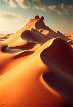 Desert dune landscape sunset against mountains under blue sky