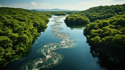 Obraz premium Aerial View of Green Mangrove Forest. Tropical Rain Forest Natural Scenery. with rivers and streams that form beautiful views