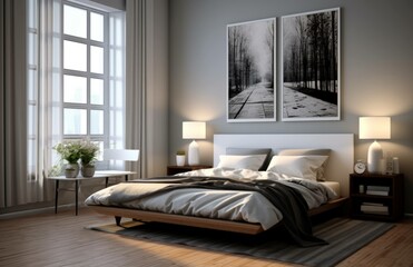 Photograph of a beautiful bedroom with wood floors and gray walls, design concept