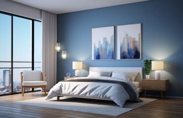 Fototapeta premium Photograph of a beautiful bedroom with wood floors and blue walls, design concept