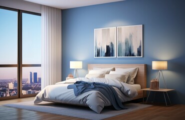 Beautiful interior design of modern bedroom. Blue color domination with a painting on the wall and...