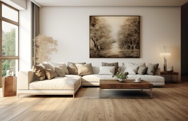 Photograph of a beautiful living room with wood floors and gray walls, design concept