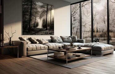 Photograph of a beautiful living room with wood floors and gary walls, design concept