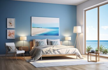 Fototapeta premium Photograph of a beautiful living room with wood floors and blue walls, design concept
