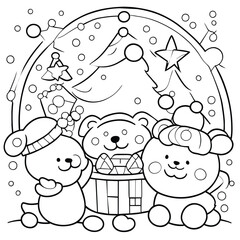 children book cute Christmas theme coloring page with snowfall and tree