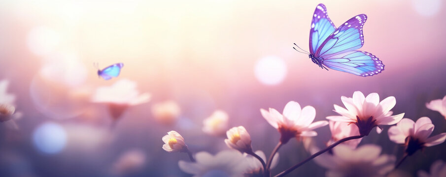Beautiful Butterfly and abstract background with spring blooming flowers, spring blossoms landscape