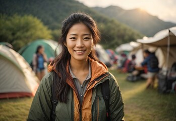 Bussines asian women camping smiling wearing camping outfit with camping place in the Background, crossed hand confident - obrazy, fototapety, plakaty