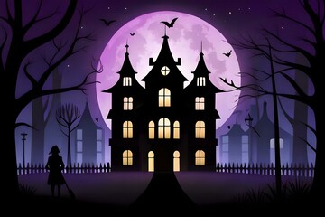 Fototapeta na wymiar Haunted house silhouette on a dark purple background
