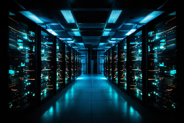 Rows of servers with blinking lights fill a dark room, capturing the mysterious and complex world of data storage - obrazy, fototapety, plakaty