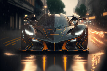 Futuristic supersport car in the street, city after the rain