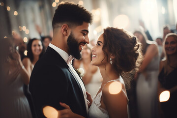 Beautiful Bride in White Dress and Groom in Stylish Black Suit Celebrate Wedding at an Evening Reception Party, Newlyweds Dancing at a Venue with Best Multiethnic Diverse Friends - obrazy, fototapety, plakaty