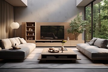 Tv cabinet - living room where the whole family feels good, interior. Minimalist style interior design of modern living room with tv.